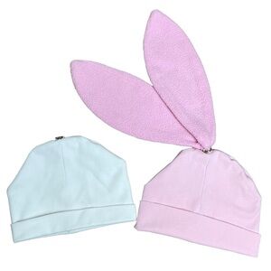 MPOMPON Cotton Beanie Set Pink & White w Detachable Fleece Bunny Ears 0-12 Mon.